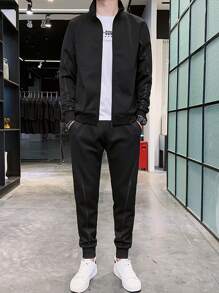 Men Zip Up Jacket & Joggers Set - Black - View 4