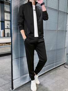 Men Zip Up Jacket & Joggers Set - Black - View 5