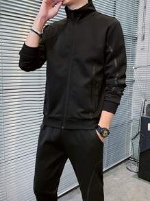 Men Zip Up Jacket & Joggers Set - Black - View 6