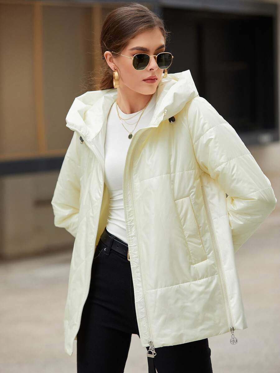 HaiLuoZi Áo khoác độn có mũ trùm đầu bằng băng D-Ring - Màu be - Xem 1