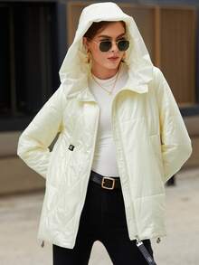 HaiLuoZi Áo khoác độn có mũ trùm đầu bằng băng D-Ring - Màu be - Xem 3