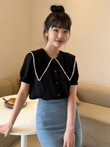 DAZY Statement Collar Puff Sleeve Blouse Summer,Back To School Clothes - Black - View 1