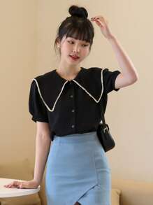 DAZY Statement Collar Puff Sleeve Blouse Summer,Back To School Clothes - Black - View 3