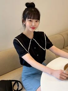 DAZY Statement Collar Puff Sleeve Blouse Summer,Back To School Clothes - Black - View 4