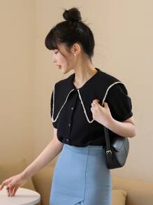 DAZY Statement Collar Puff Sleeve Blouse Summer,Back To School Clothes - Black - View 5