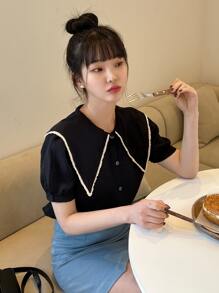 DAZY Statement Collar Puff Sleeve Blouse Summer,Back To School Clothes - Black - View 6