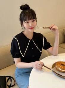 DAZY Statement Collar Puff Sleeve Blouse Summer,Back To School Clothes - Black - View 7