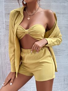 fruncido trasero pecho con fruncido Top tubo corto & Set shorts con Blusa - Amarillo - Ver 4