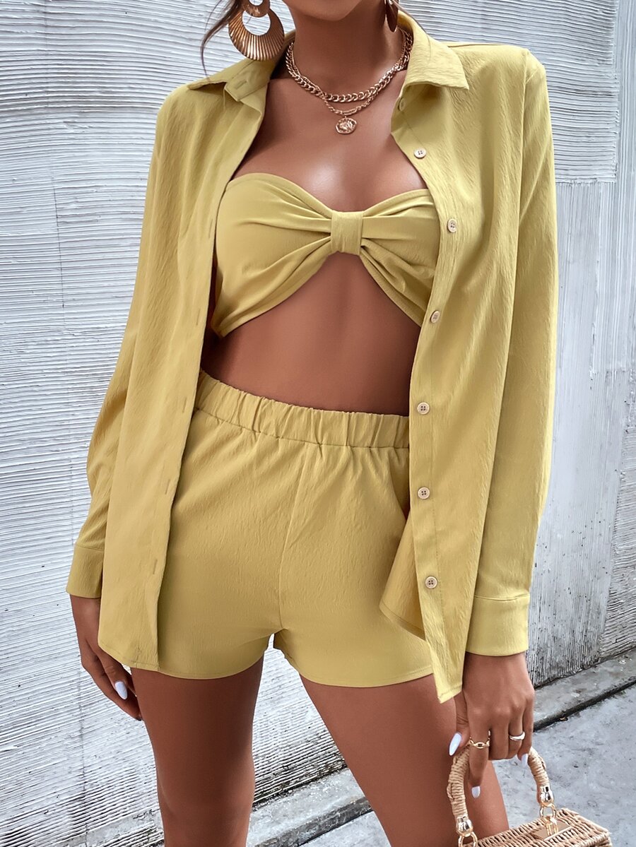 fruncido trasero pecho con fruncido Top tubo corto & Set shorts con Blusa - Amarillo - Ver 1