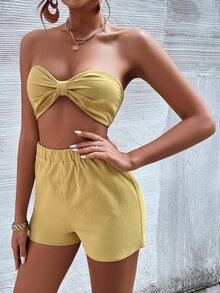 fruncido trasero pecho con fruncido Top tubo corto & Set shorts con Blusa - Amarillo - Ver 5