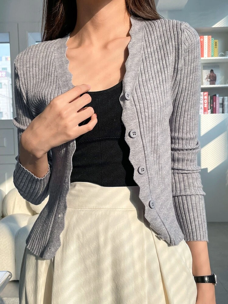 DAZY Scallop Trim Ribbed Knit Cardigan,Fall Women Clothes Jacket