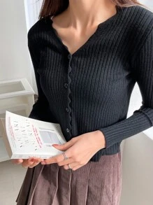 DAZY Cárdigan de punto acanalado con ribete de vieira, ropa de otoño