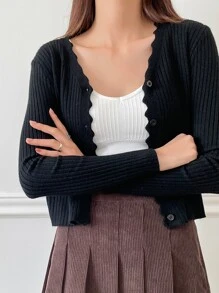 DAZY Cárdigan de punto acanalado con ribete de vieira, ropa de otoño