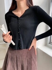 DAZY Cárdigan de punto acanalado con ribete de vieira, ropa de otoño
