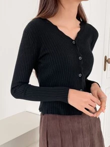 DAZY Cárdigan de punto acanalado con ribete de vieira, ropa de otoño