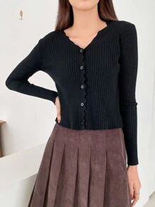 DAZY Cárdigan de punto acanalado con ribete de vieira, ropa de otoño