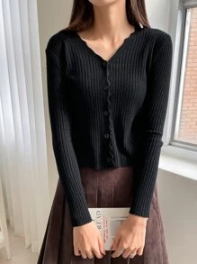 DAZY Cárdigan de punto acanalado con ribete de vieira, ropa de otoño