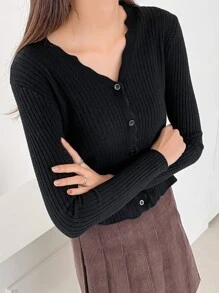 DAZY Cárdigan de punto acanalado con ribete de vieira, ropa de otoño