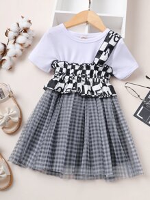 Bộ thời trang bé gái Tương phản Mesh Xù Kẻ sọc Lá thư Giải trí - Nhiều màu - Xem 1