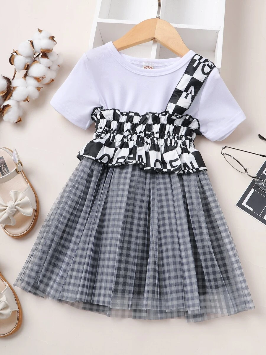 Bộ thời trang bé gái Tương phản Mesh Xù Kẻ sọc Lá thư Giải trí - Nhiều màu - Xem 1