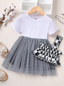 Bộ thời trang bé gái Tương phản Mesh Xù Kẻ sọc Lá thư Giải trí - Nhiều màu - Xem 5