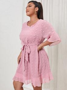 SHEIN Unity Đầm Plus Size Thắt lưng Xù Viên lá sen màu trơn Giải trí - Hồng - Xem 3