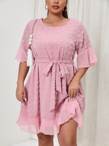SHEIN Unity Đầm Plus Size Thắt lưng Xù Viên lá sen màu trơn Giải trí - Hồng - Xem 1