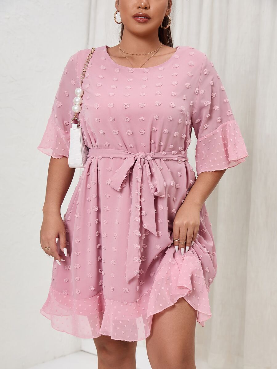SHEIN Unity Đầm Plus Size Thắt lưng Xù Viên lá sen màu trơn Giải trí - Hồng - Xem 1