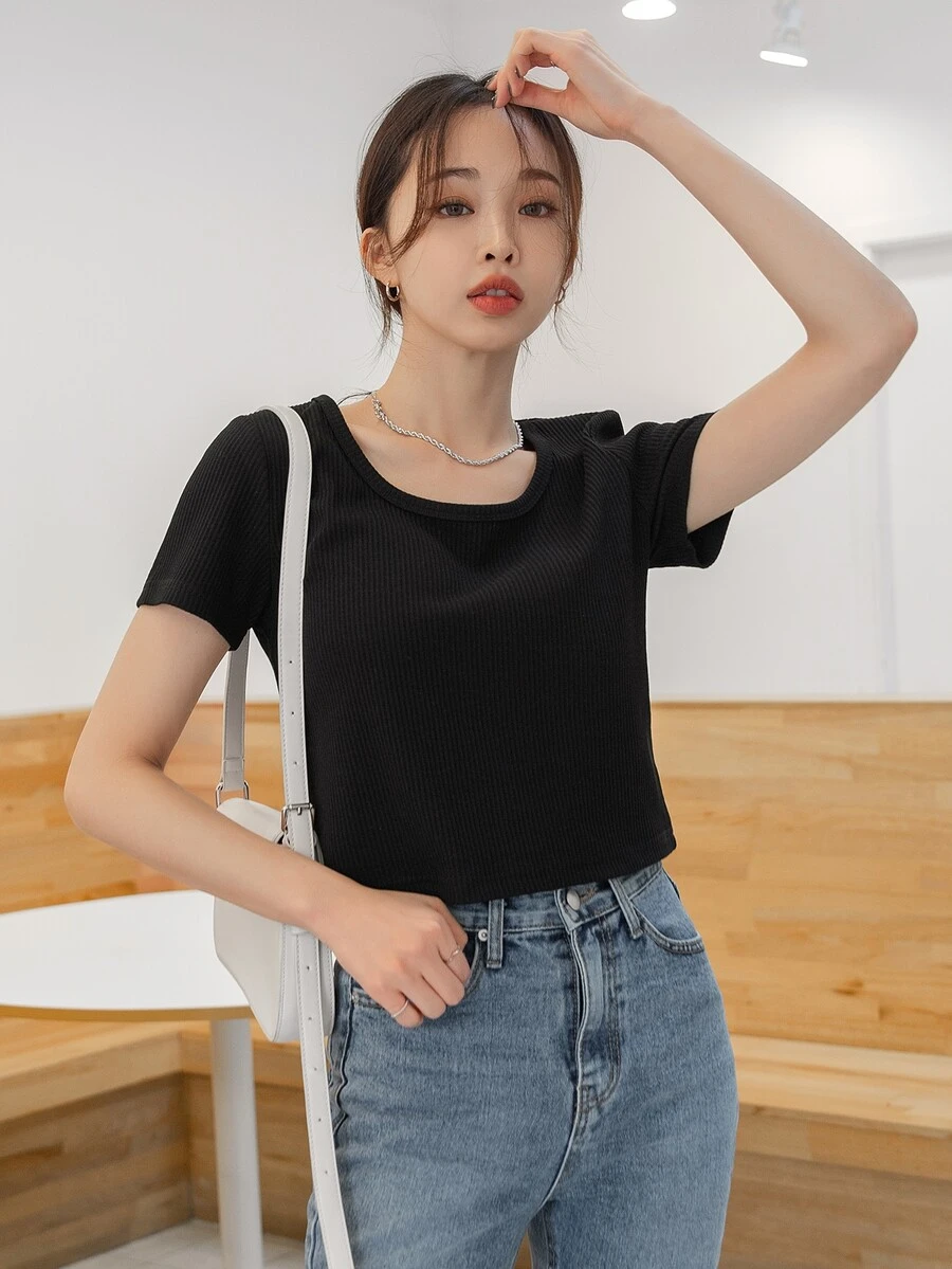 DAZY Camiseta unicolor tejido de canalé - Negro - Ver 1