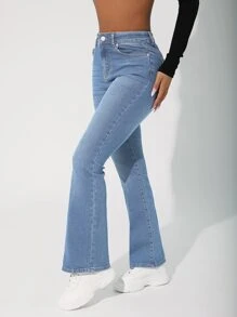 SHEIN PETITE High Waist Flare Leg Jeans - Light Wash - View 1