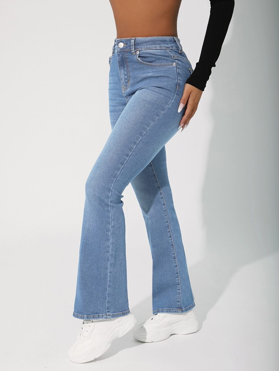 SHEIN PETITE High Waist Flare Leg Jeans - Light Wash - View 1