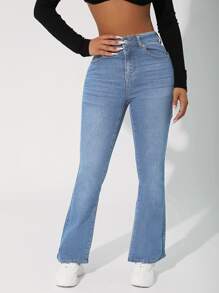 SHEIN PETITE High Waist Flare Leg Jeans - Light Wash - View 3