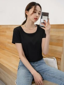 DAZY Camiseta unicolor tejido de canalé - Negro - Ver 5