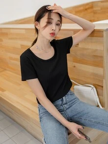 DAZY Camiseta unicolor tejido de canalé - Negro - Ver 6
