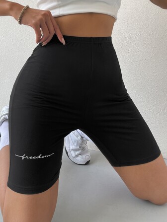 Letter Graphic Elastic Waist Biker Shorts