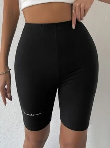 SHEIN Unity Letter Graphic Elastic Waist Biker Shorts - Black - View 6