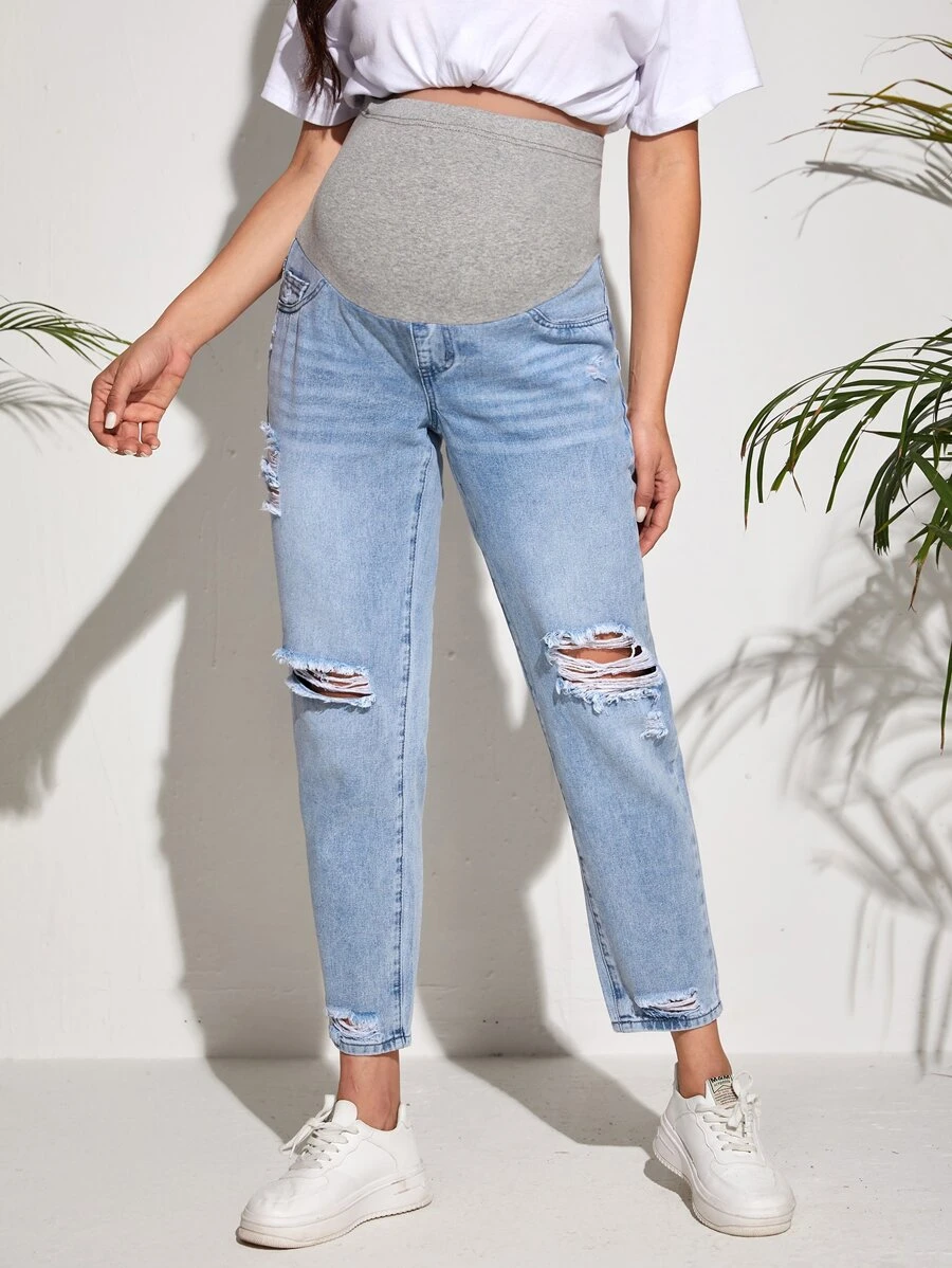 SHEIN Maternity Wide Waistband Ripped Jeans - Light Wash - View 1