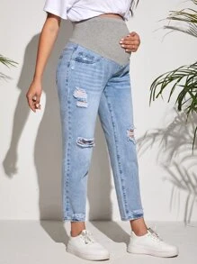 SHEIN Maternity Wide Waistband Ripped Jeans - Light Wash - View 3