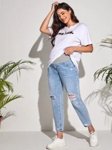 SHEIN Maternity Wide Waistband Ripped Jeans - Light Wash - View 4