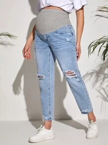 SHEIN Maternity Wide Waistband Ripped Jeans - Light Wash - View 5