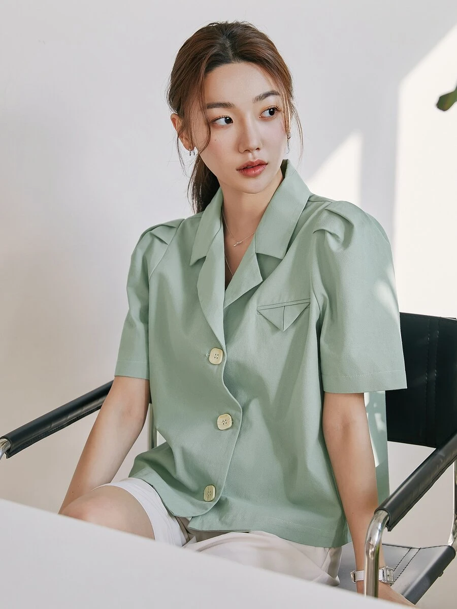 DAZY 西裝領泡泡袖襯衫 - 薄荷綠 - 查看 1