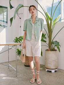 DAZY 西裝領泡泡袖襯衫 - 薄荷綠 - 查看 3