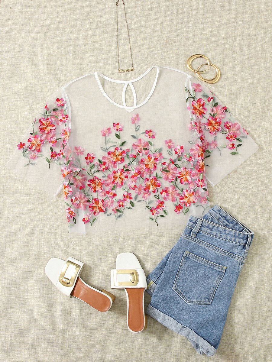 SHEIN Plus Floral Embroidered Keyhole Back Mesh Top - Multicolor - View 1