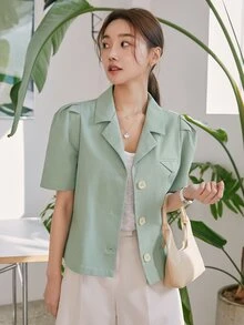DAZY 西裝領泡泡袖襯衫 - 薄荷綠 - 查看 5