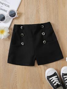 Toddler Girls Button Detail Shorts - Black - View 1