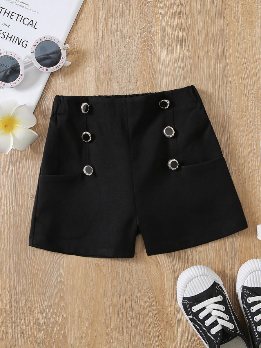 Toddler Girls Button Detail Shorts - Black - View 1