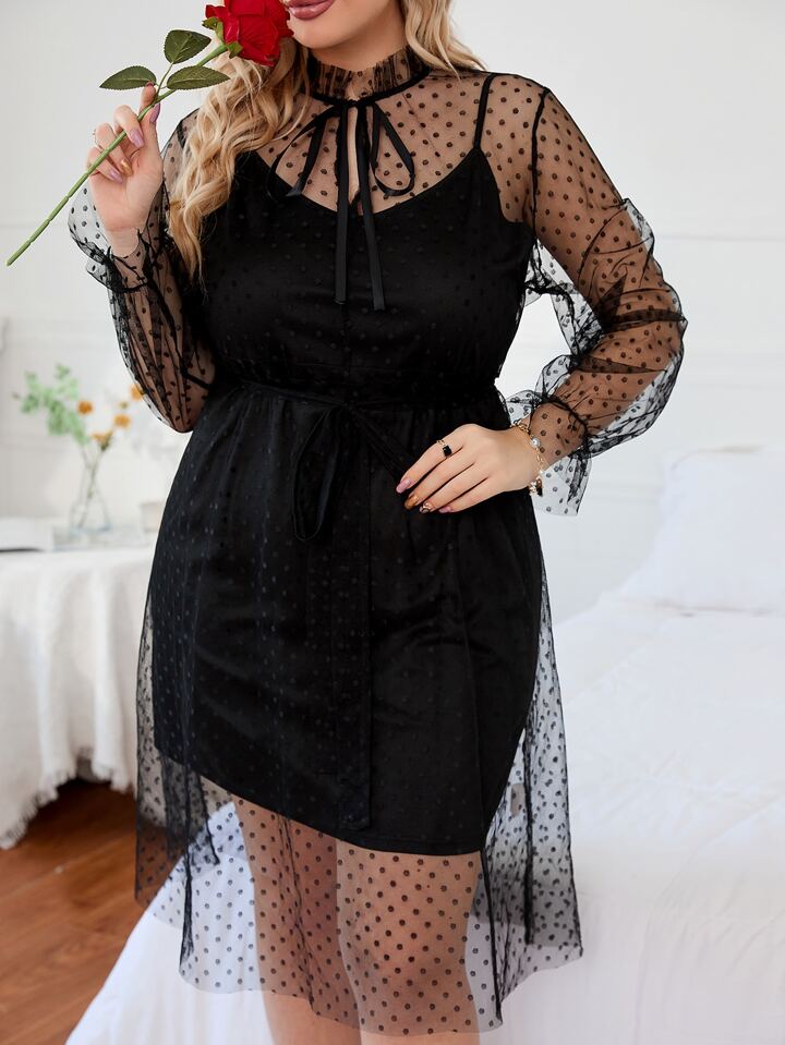 black dobby mesh dress Victoria Black Dobby Spot Angel Sleeve Mesh Long Midi Dress  Scarlett & Jo