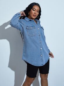 SHEIN SXY 落肩袖翻蓋口袋弧形下擺牛仔外套 - 中等水洗藍 - 查看 5