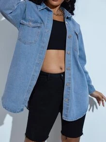 SHEIN SXY 落肩袖翻蓋口袋弧形下擺牛仔外套 - 中等水洗藍 - 查看 6