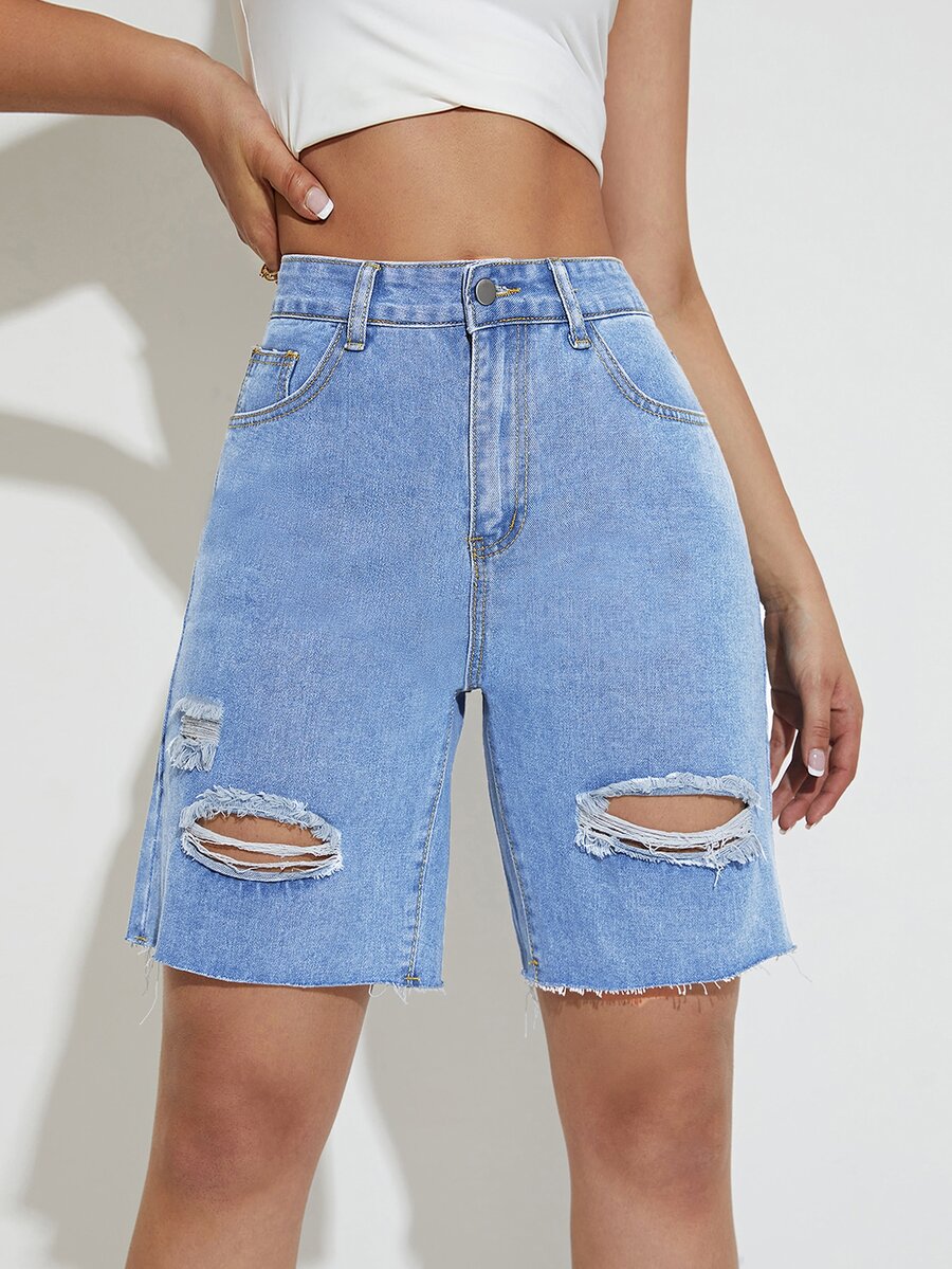 Quần short denim nữ Túi Hem thô Bị tách Dây kéo màu trơn - Rửa trung bình - Xem 1